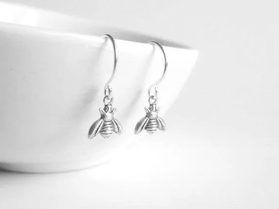 Silver Bee Earring, little bee earring, tiny bumblebee earring, bee charm, small silver bee dangle, honeybee earring, antique silver charm