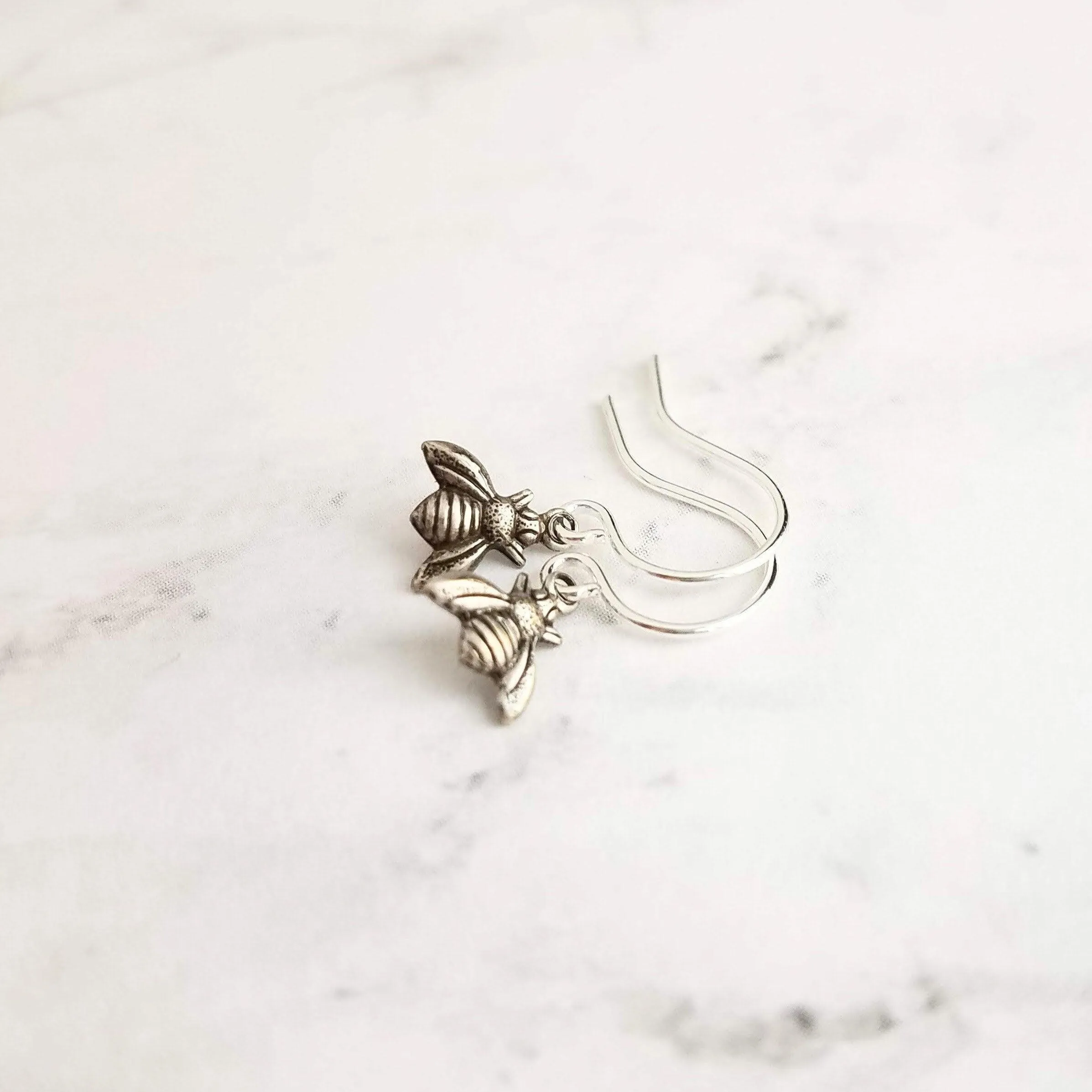 Silver Bee Earring, little bee earring, tiny bumblebee earring, bee charm, small silver bee dangle, honeybee earring, antique silver charm