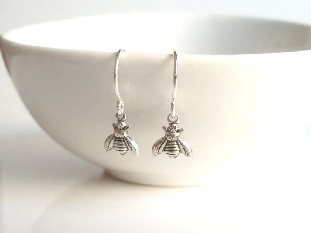 Silver Bee Earring, little bee earring, tiny bumblebee earring, bee charm, small silver bee dangle, honeybee earring, antique silver charm