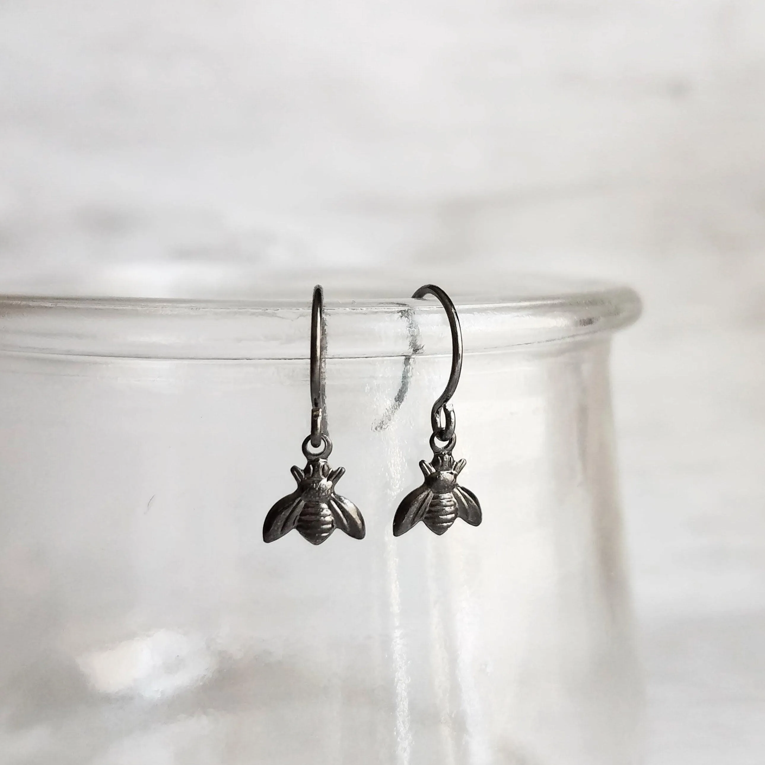 Silver Bee Earring, little bee earring, tiny bumblebee earring, bee charm, small silver bee dangle, honeybee earring, antique silver charm