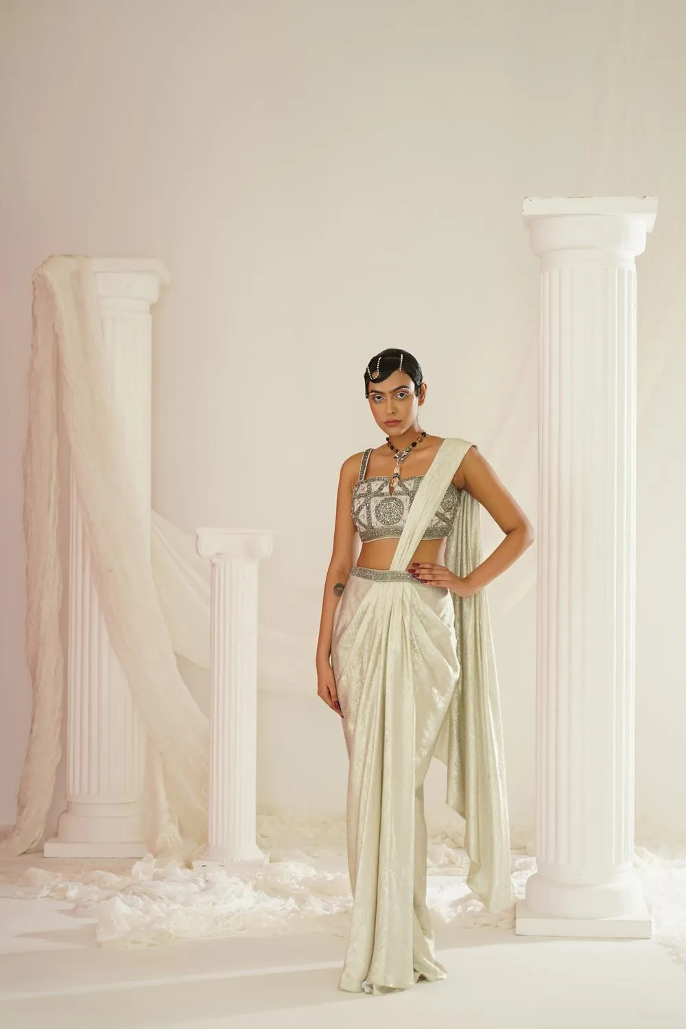 Silver Grey Embroidered Blouse With  Ready To Wear Drape Saree Set