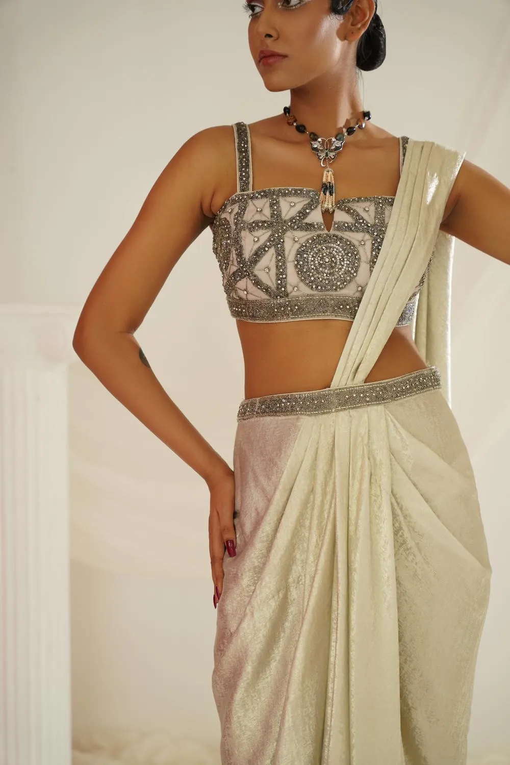 Silver Grey Embroidered Blouse With  Ready To Wear Drape Saree Set
