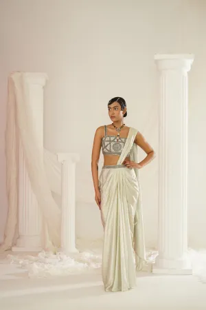 Silver Grey Embroidered Blouse With  Ready To Wear Drape Saree Set