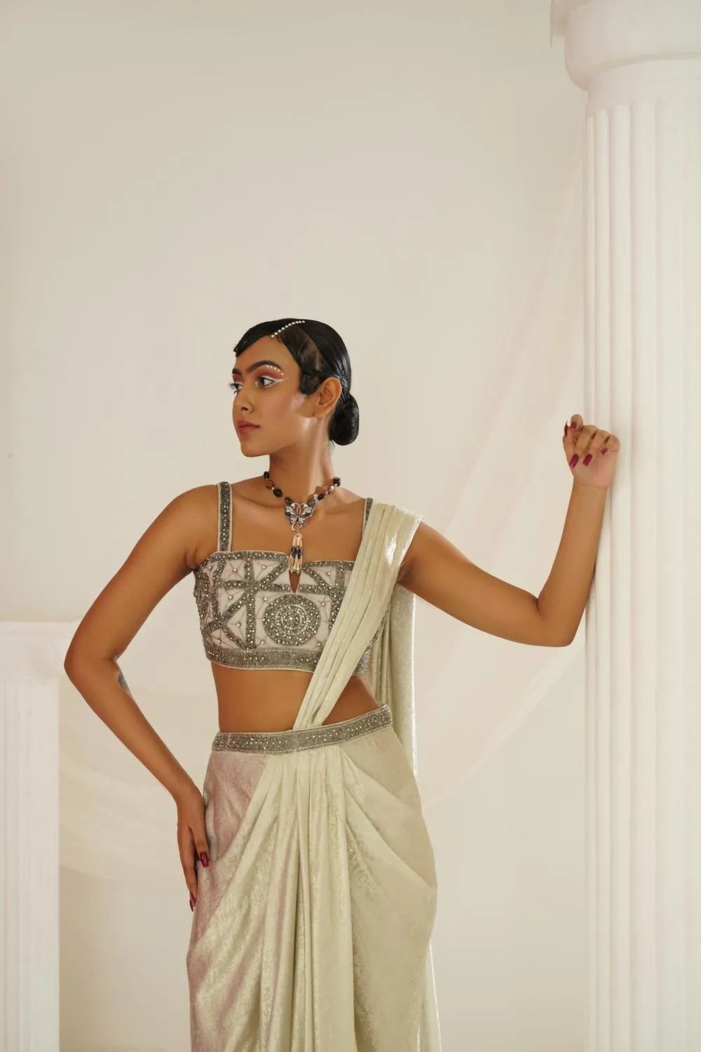 Silver Grey Embroidered Blouse With  Ready To Wear Drape Saree Set