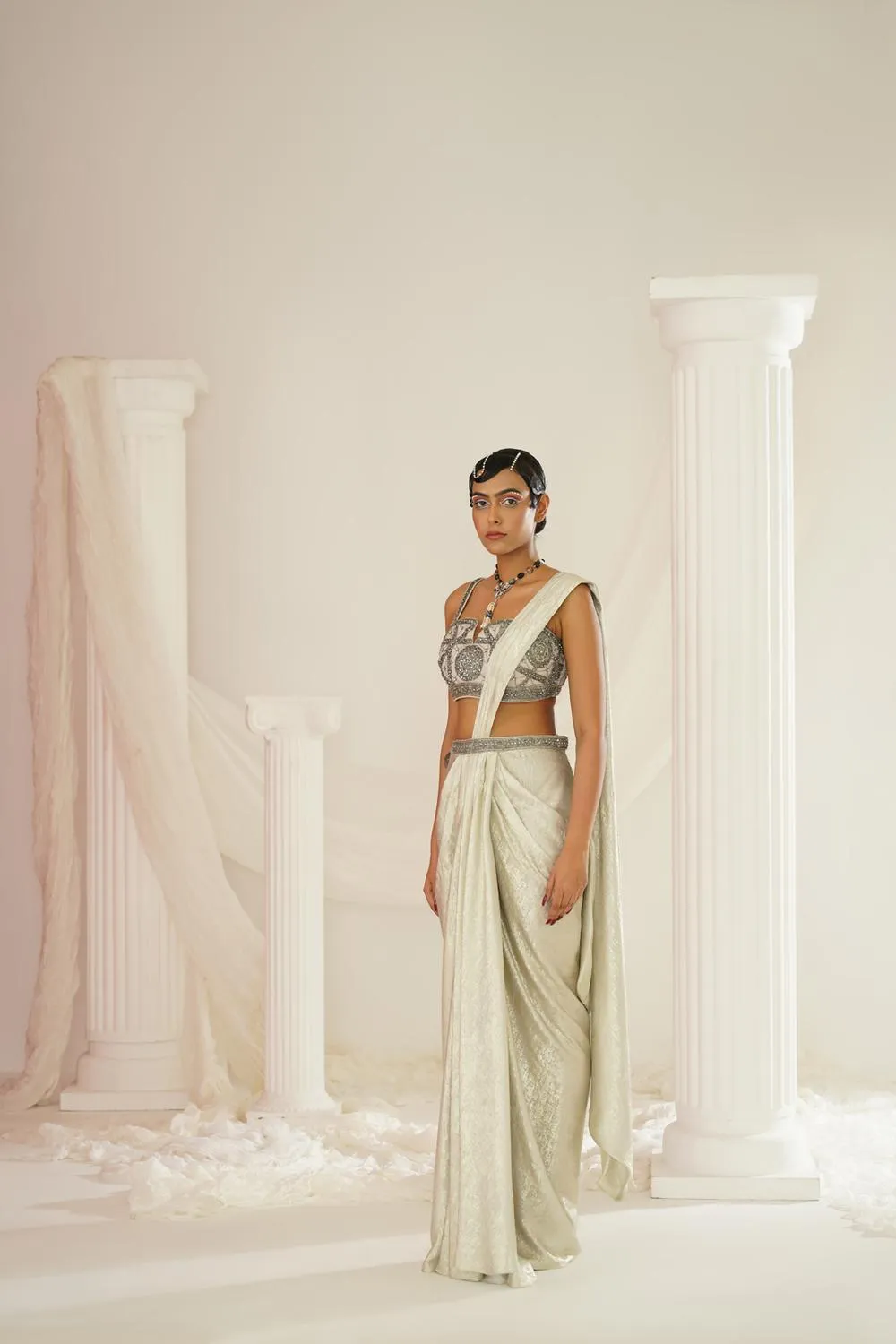 Silver Grey Embroidered Blouse With  Ready To Wear Drape Saree Set