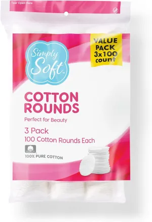 Simply Soft Cotton Rounds (300 Count), 100% Cotton Absorbent and Textured Cotton Pads, Lint-Free