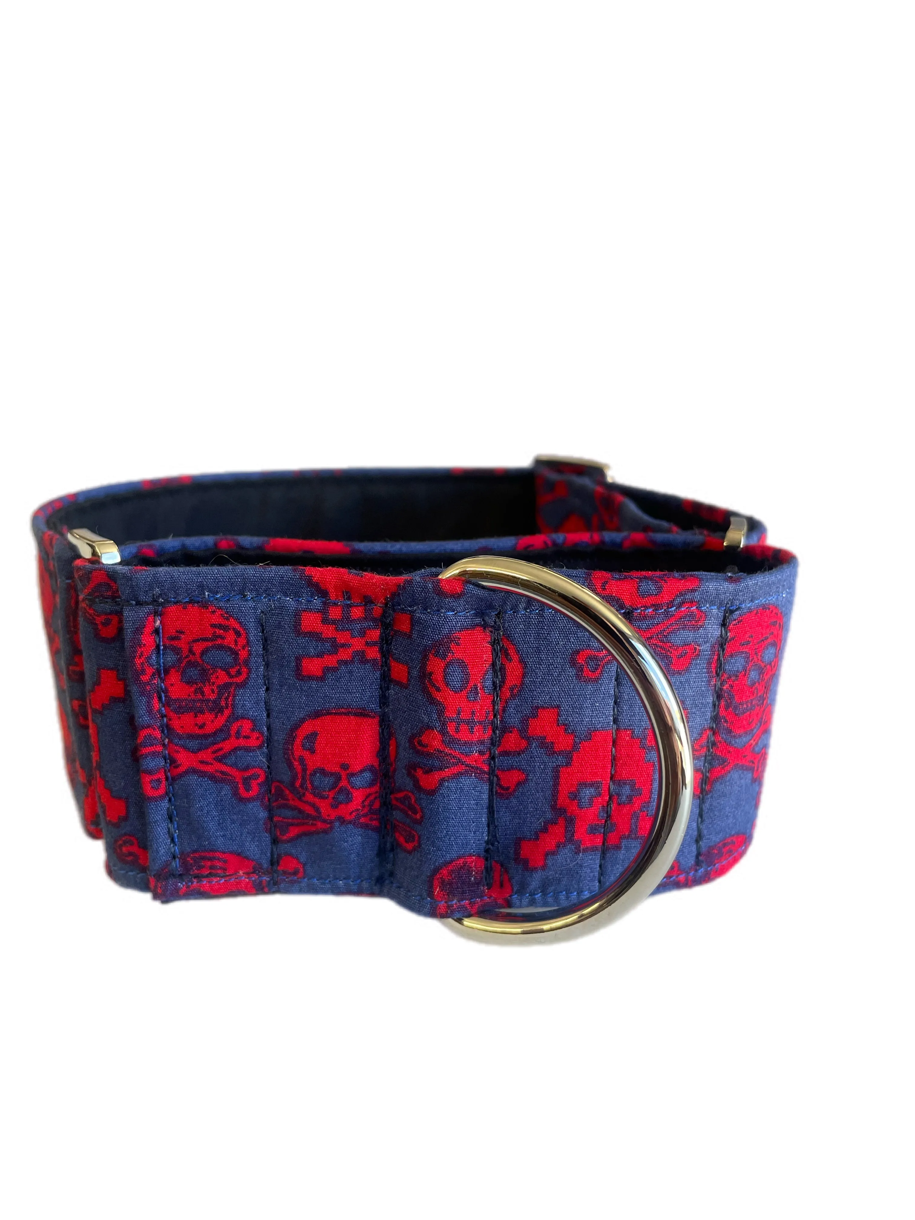 Skull and cross bones blue martingale collar greyhound wide super soft cotton fabric