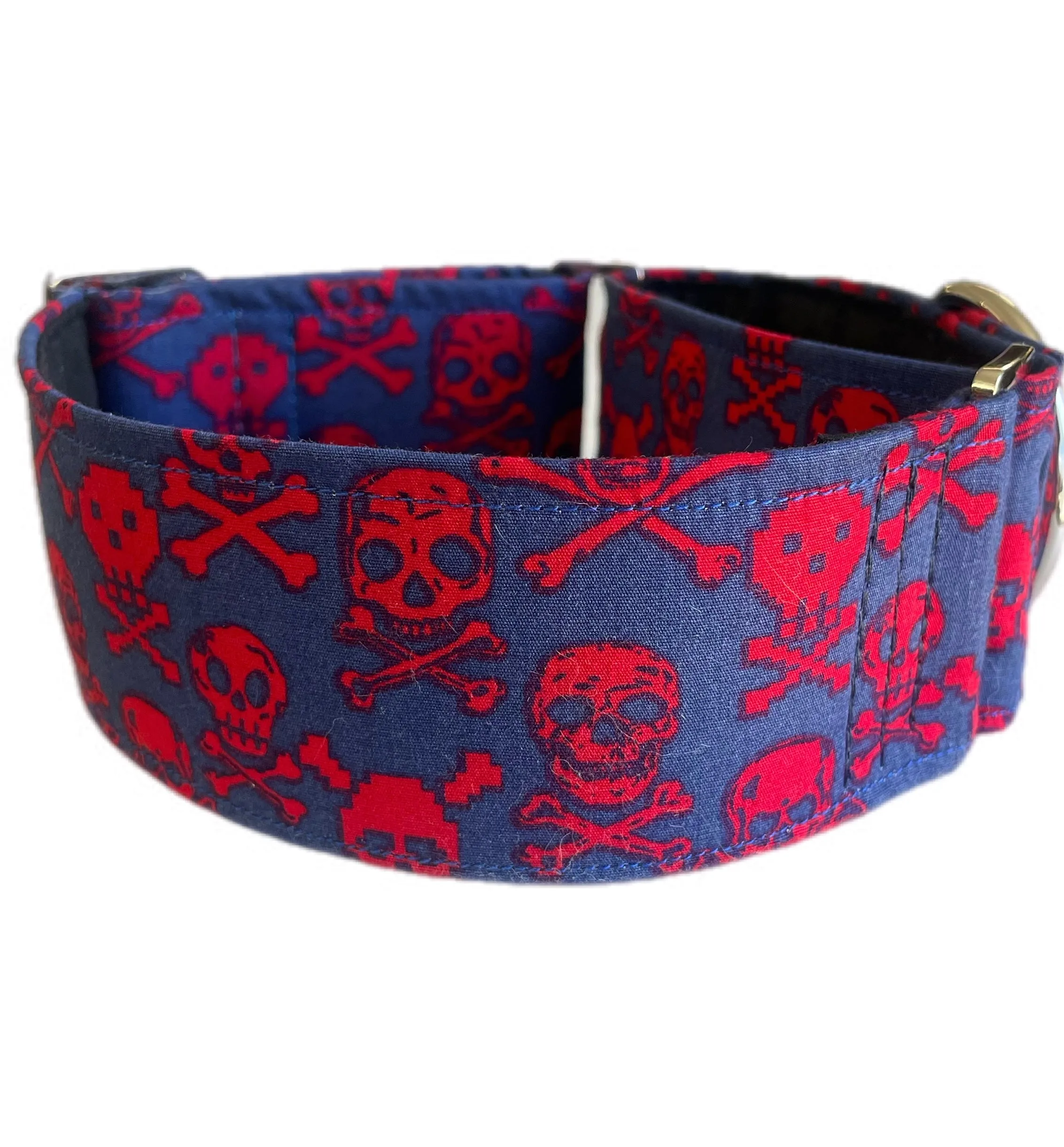 Skull and cross bones blue martingale collar greyhound wide super soft cotton fabric