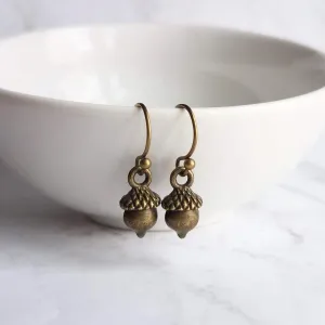 Small Acorn Earrings, dark antique brass acorns, bronze acorn, little acorn dangle, mini acorns, tree nut earring, squirrel earring, tiny