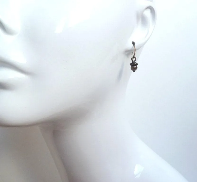Small Acorn Earrings, dark antique brass acorns, bronze acorn, little acorn dangle, mini acorns, tree nut earring, squirrel earring, tiny