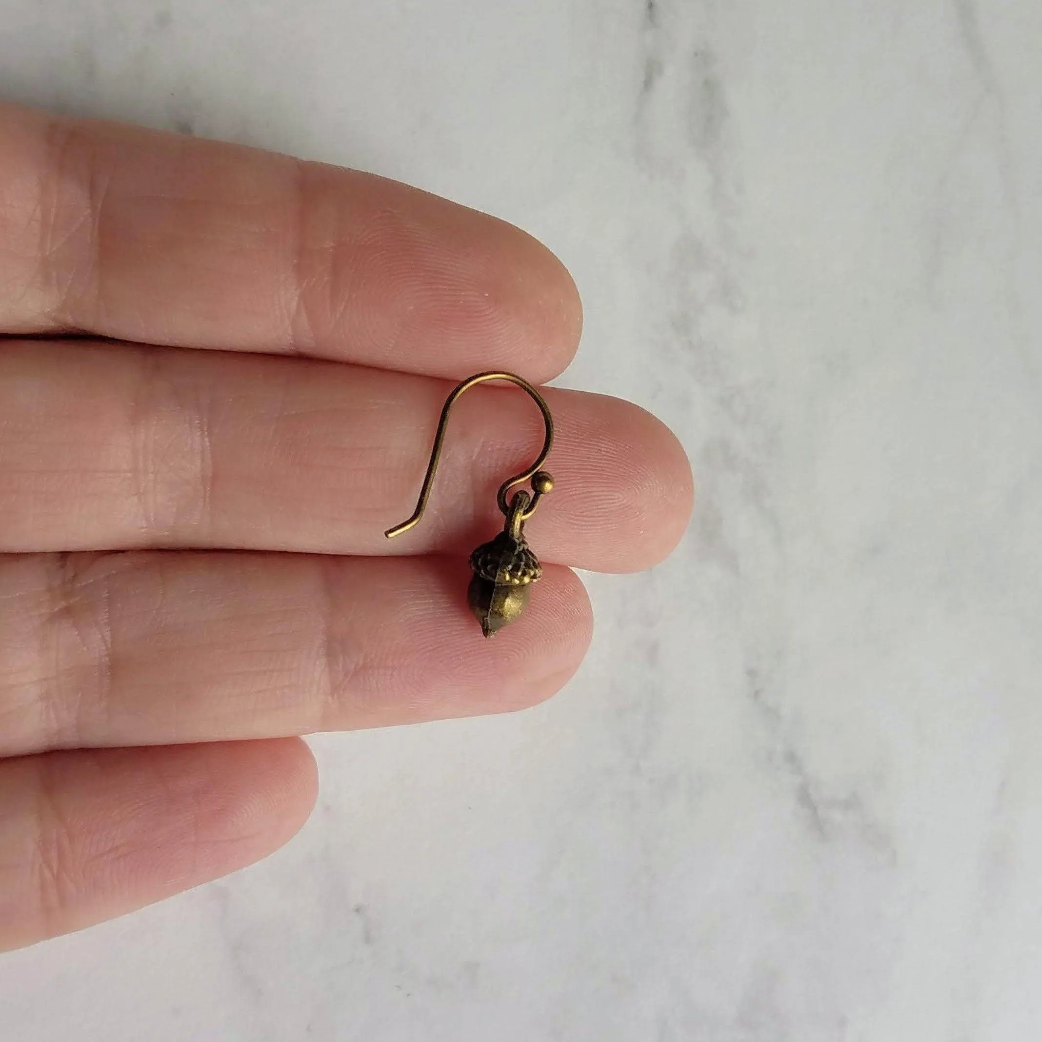 Small Acorn Earrings, dark antique brass acorns, bronze acorn, little acorn dangle, mini acorns, tree nut earring, squirrel earring, tiny