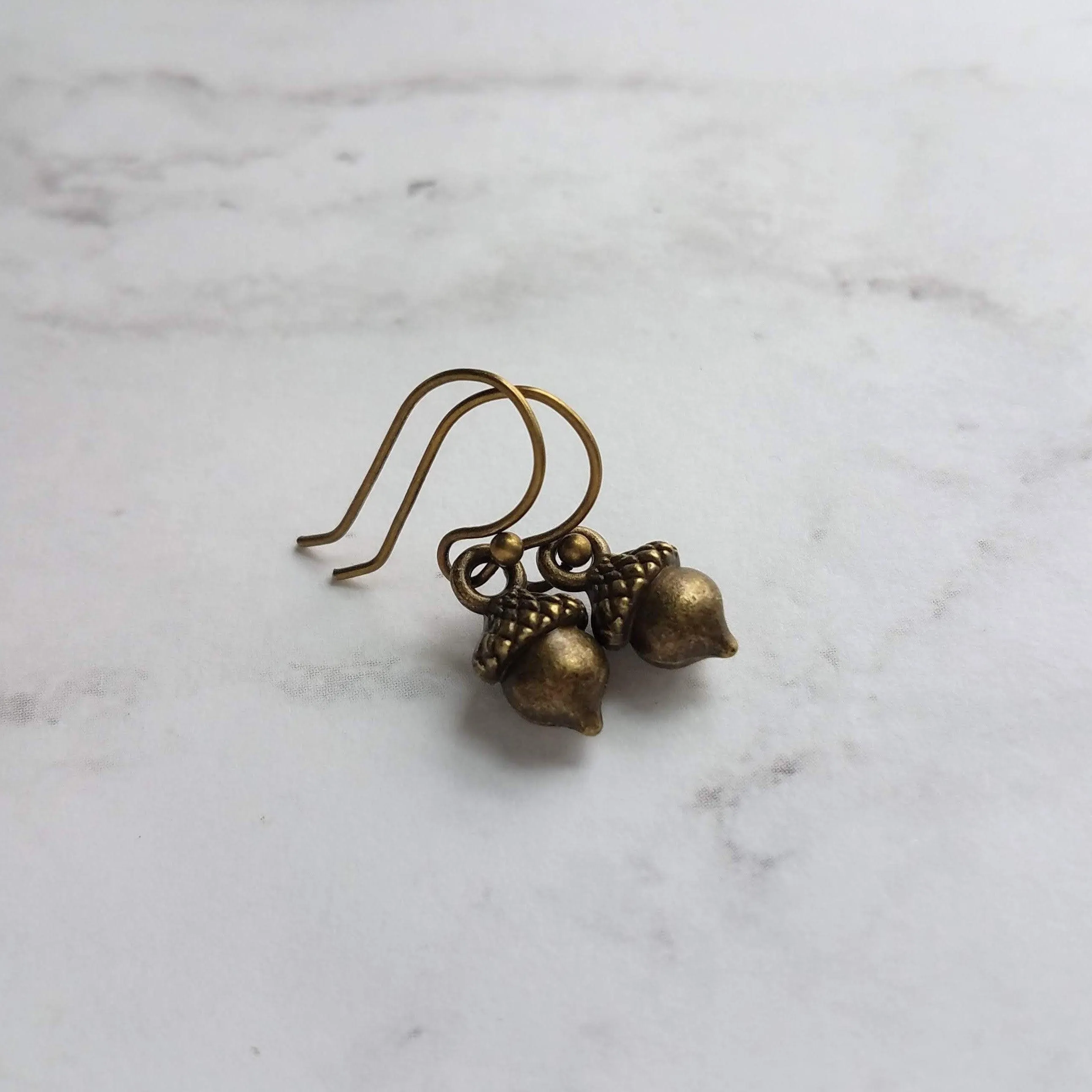 Small Acorn Earrings, dark antique brass acorns, bronze acorn, little acorn dangle, mini acorns, tree nut earring, squirrel earring, tiny