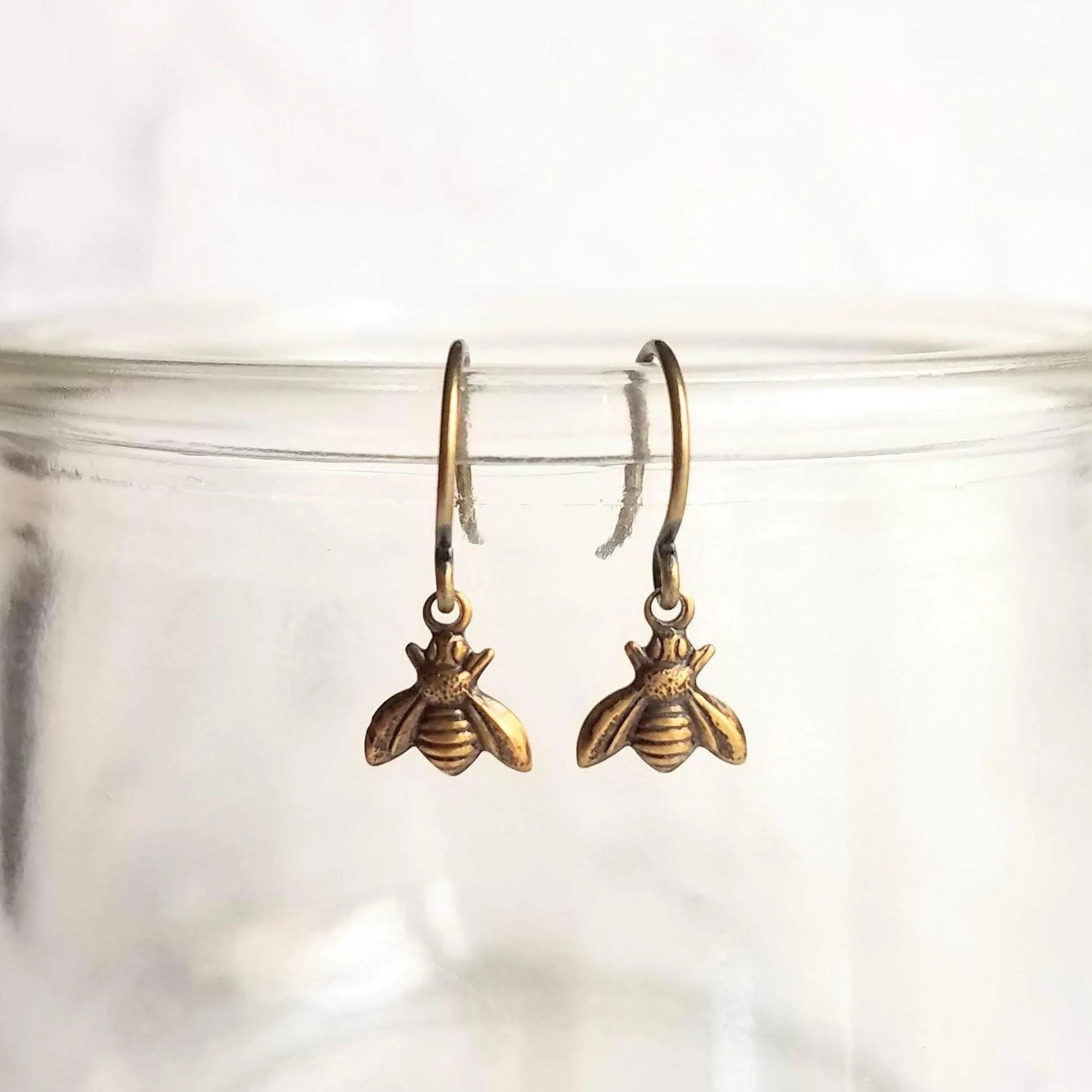 Small Bee Earring - little tiny antique brass/bronze mini bumblebees on delicate matching hooks - minimalist spring honey hive