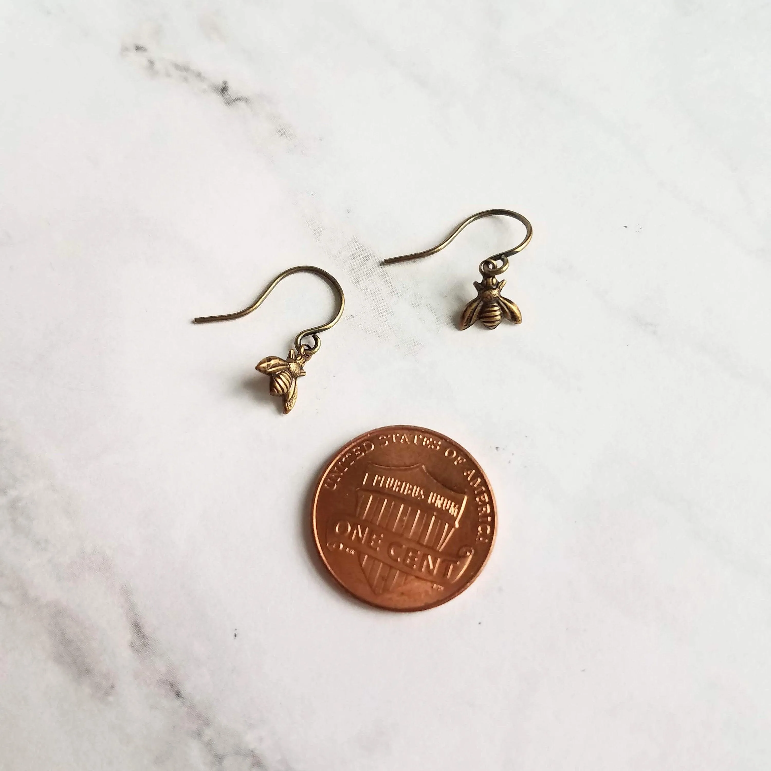 Small Bee Earring - little tiny antique brass/bronze mini bumblebees on delicate matching hooks - minimalist spring honey hive