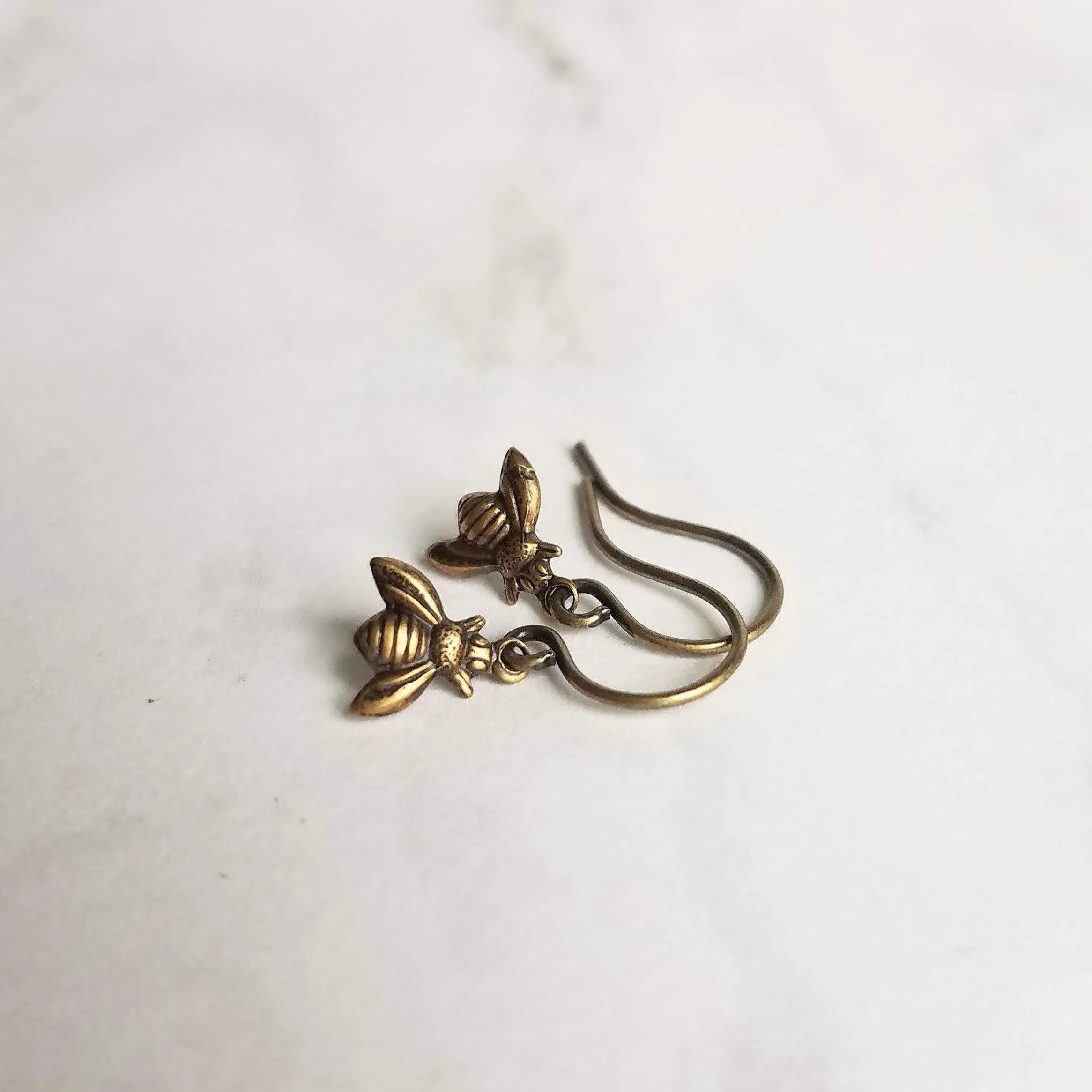 Small Bee Earring - little tiny antique brass/bronze mini bumblebees on delicate matching hooks - minimalist spring honey hive