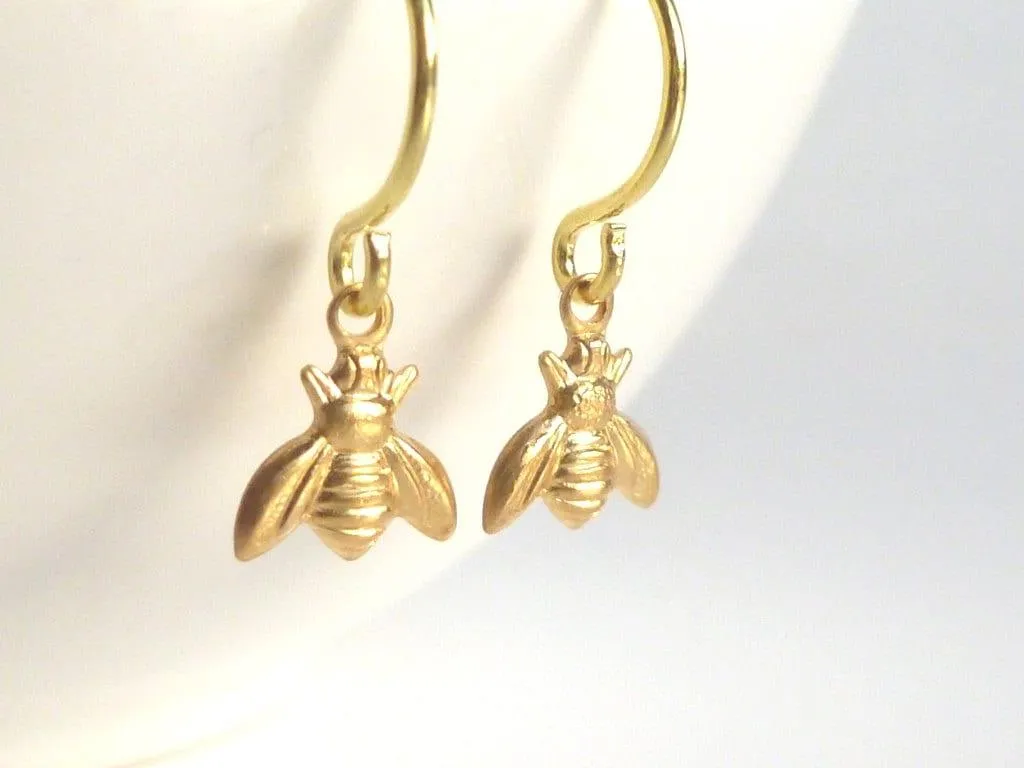 Small Bee Earring - little tiny antique brass/bronze mini bumblebees on delicate matching hooks - minimalist spring honey hive
