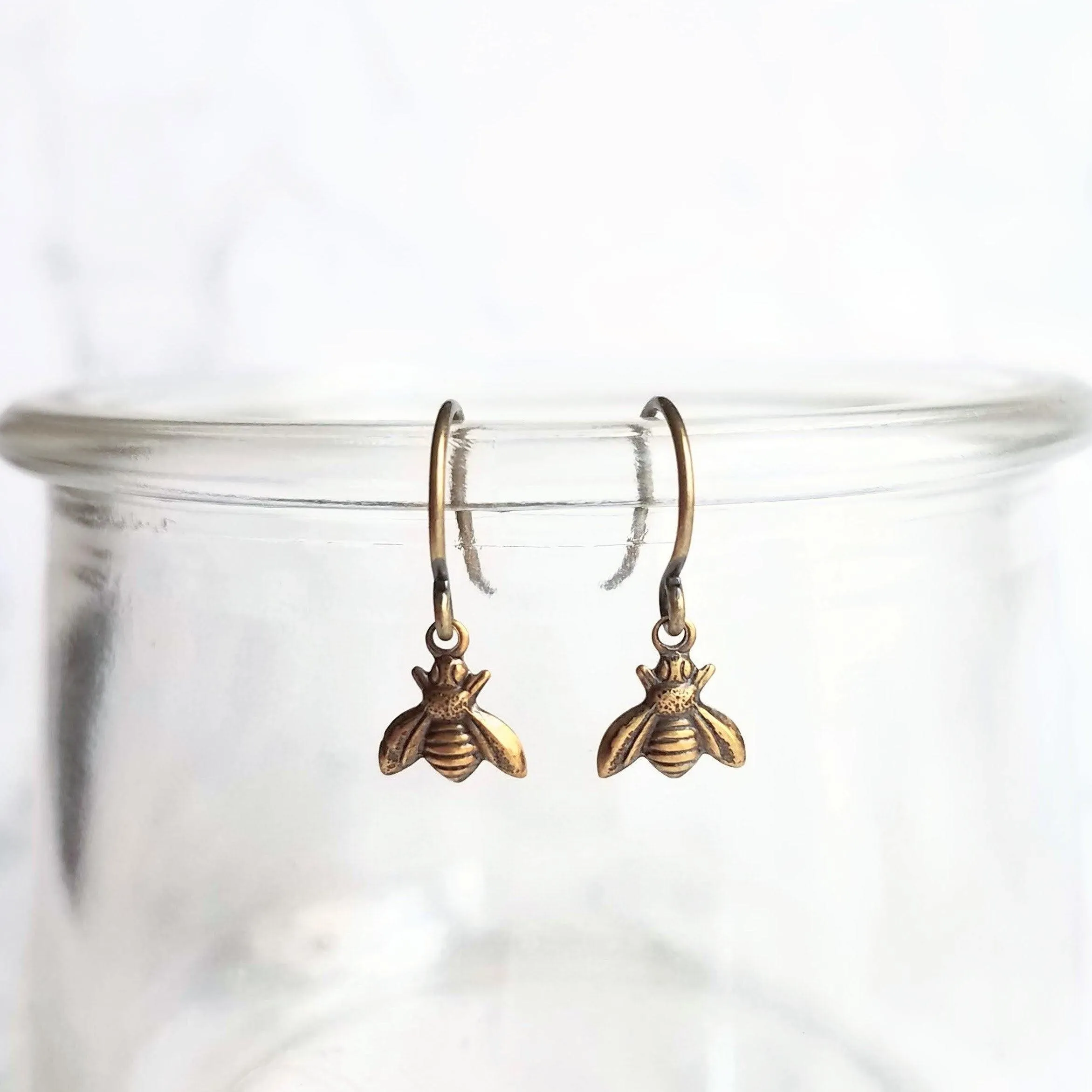 Small Bee Earring - little tiny antique brass/bronze mini bumblebees on delicate matching hooks - minimalist spring honey hive