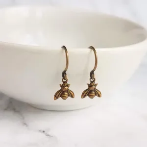 Small Bee Earring - little tiny antique brass/bronze mini bumblebees on delicate matching hooks - minimalist spring honey hive