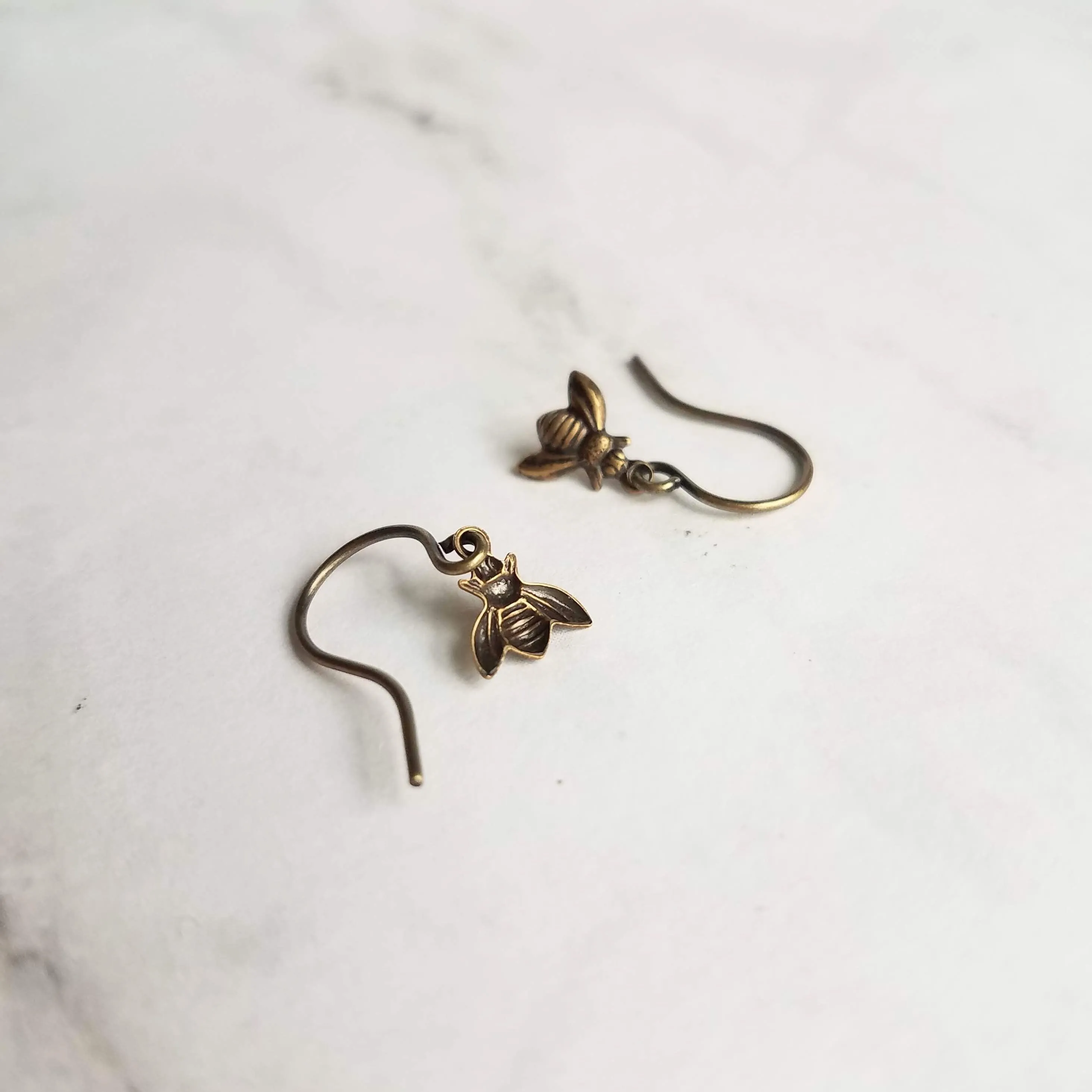 Small Bee Earring - little tiny antique brass/bronze mini bumblebees on delicate matching hooks - minimalist spring honey hive