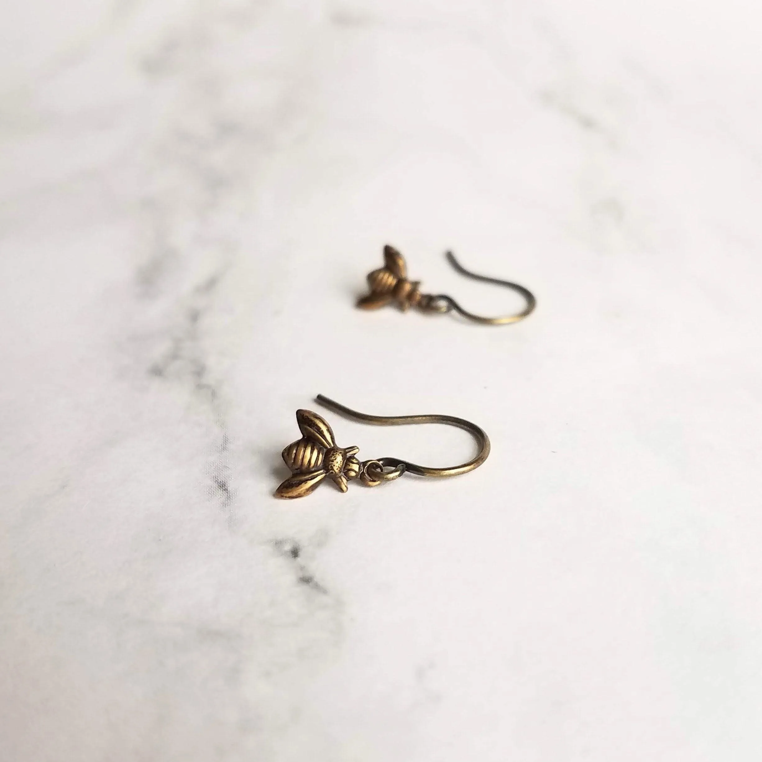 Small Bee Earring - little tiny antique brass/bronze mini bumblebees on delicate matching hooks - minimalist spring honey hive
