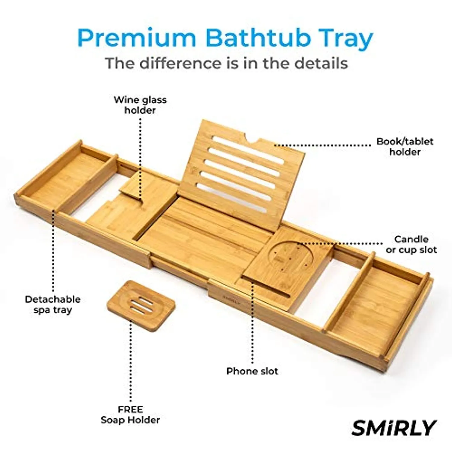 SMIRLY Bamboo Bathtub Tray Expandable: Bamboo Bath Tray for Tub with Book Stand, Bamboo Bathtub Caddy Tray for Luxury Bath, Bamboo Bath Caddy Tray for Tub, Bath Tub Table Caddy, Bath Tub Tray for Bath