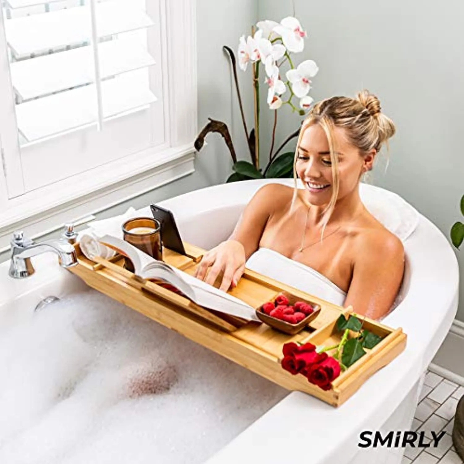SMIRLY Bamboo Bathtub Tray Expandable: Bamboo Bath Tray for Tub with Book Stand, Bamboo Bathtub Caddy Tray for Luxury Bath, Bamboo Bath Caddy Tray for Tub, Bath Tub Table Caddy, Bath Tub Tray for Bath