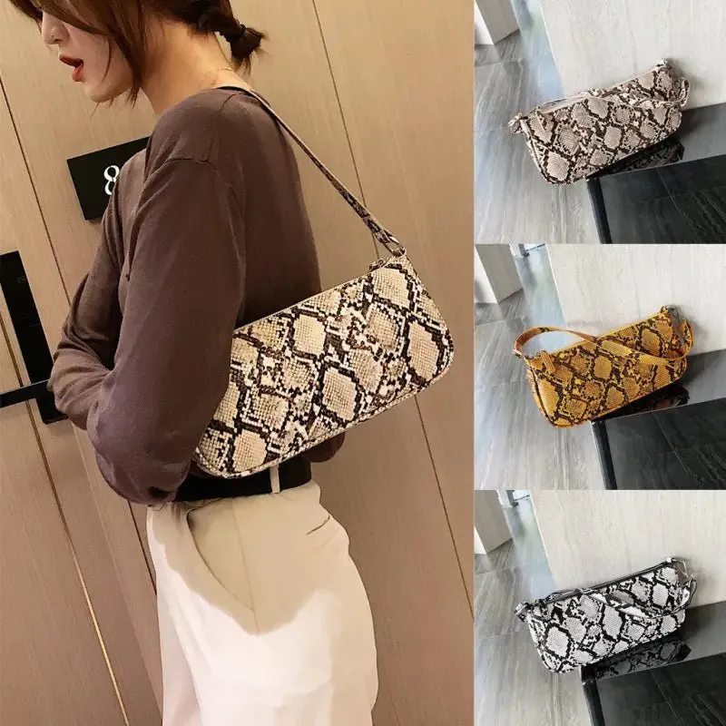 Snake Print Female Bag in PU Fabric | Trendy Baguette Style - 3 Color Options