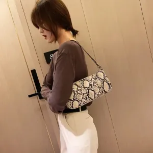 Snake Print Female Bag in PU Fabric | Trendy Baguette Style - 3 Color Options