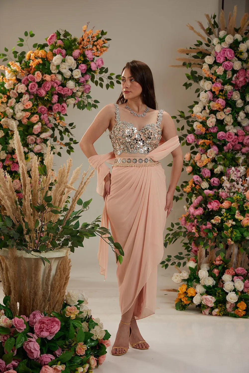 Soft Pink Dupion blouse with belt and Georgette saree