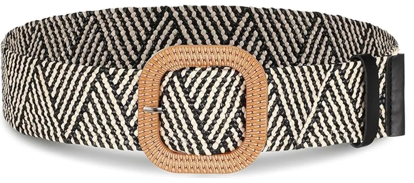 Soft Square Adjustable Rattan Belt in Black/White