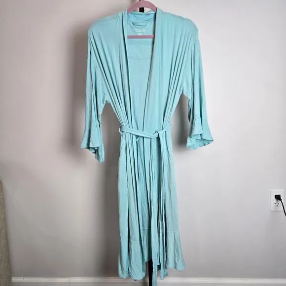 Soft Surroundings Blissful Bath Robe Bamboo Ruffle Sleeve Blue Aqua Petite Small