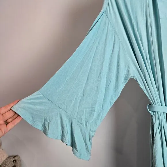 Soft Surroundings Blissful Bath Robe Bamboo Ruffle Sleeve Blue Aqua Petite Small