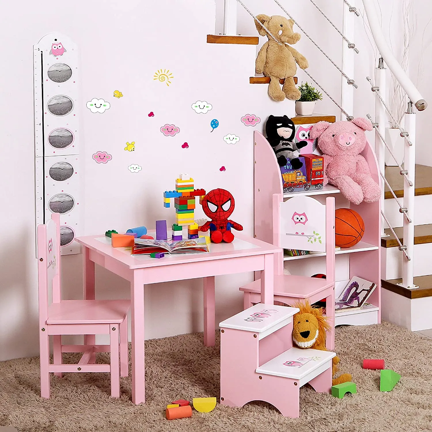 SONGMICS Toddler 2 Step Stool Kid Wood Owl Theme in Bathroom Closet Kitchen, Pink White ULKF02PK