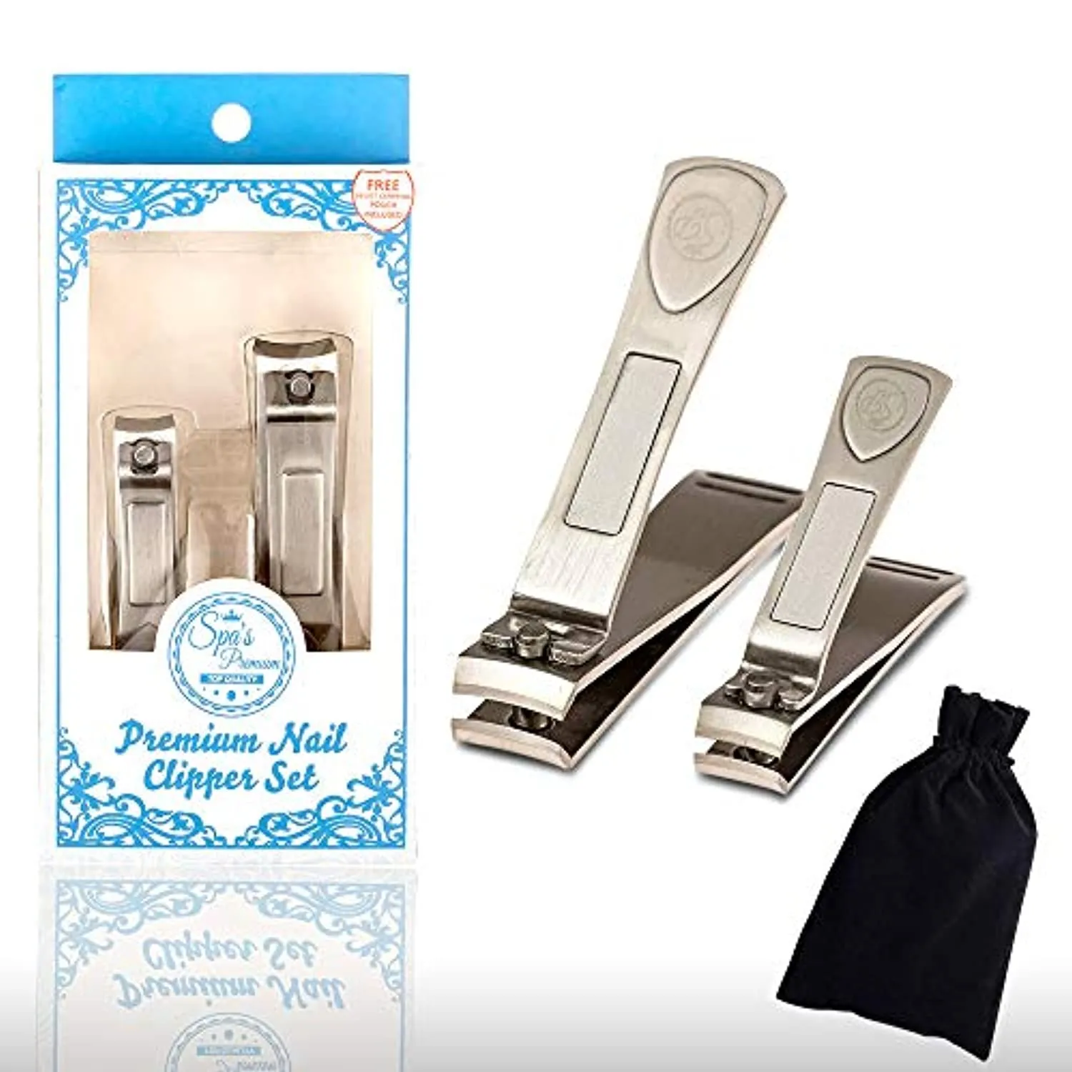 Spa's Premium Nail Clipper Set with Built-In Nail Files, Stainless Steel Fingernail Clippers and Toenail Clippers, Velvet String Carrying Pouch - Professional Spa Quality Precision Nail Care Tools