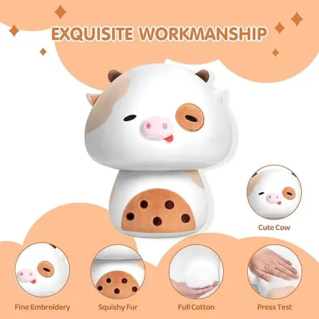 Squishy Cloud-Like Softness, Trending Kawaii Milk Tea Cow Mushroom Plush Pillow, A Must-Have Collectible for Young Adults, Perfect for Kids, Toddlers Girls, Stuffed Animal Decor (14")