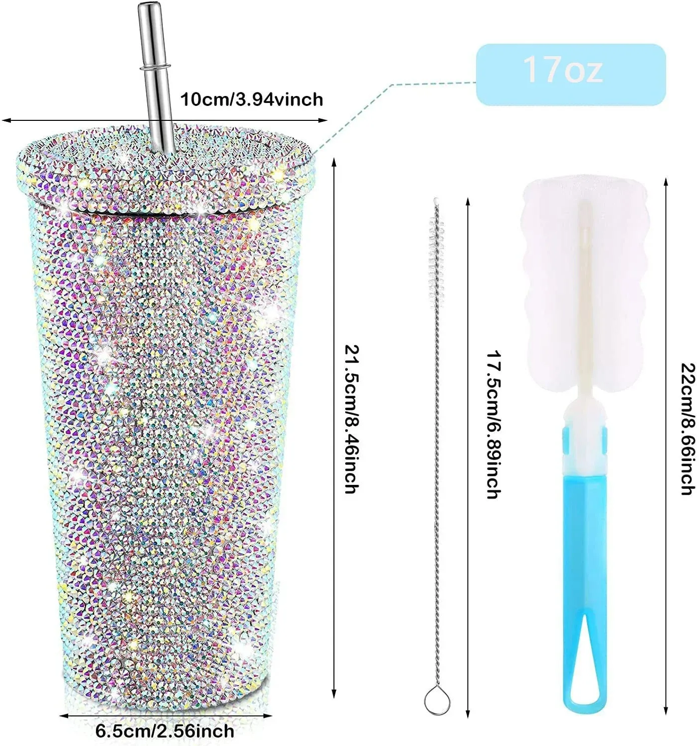 Studded Bling Diamond Tumbler Glitter Water Bottle with Lid Stainless Steel Vacuum Thermal Straw Tumbler Rhinestone Tumbler with 1 Pcs Cup Brush 6 Pcs Straw Brushes for Women