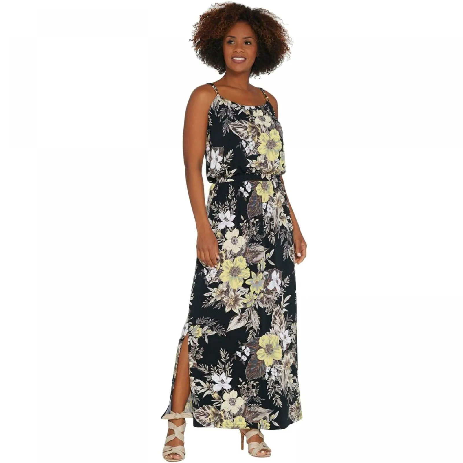 Susan Graver Plus Petite Floral Strap Beads Liquid Knit Maxi Dress