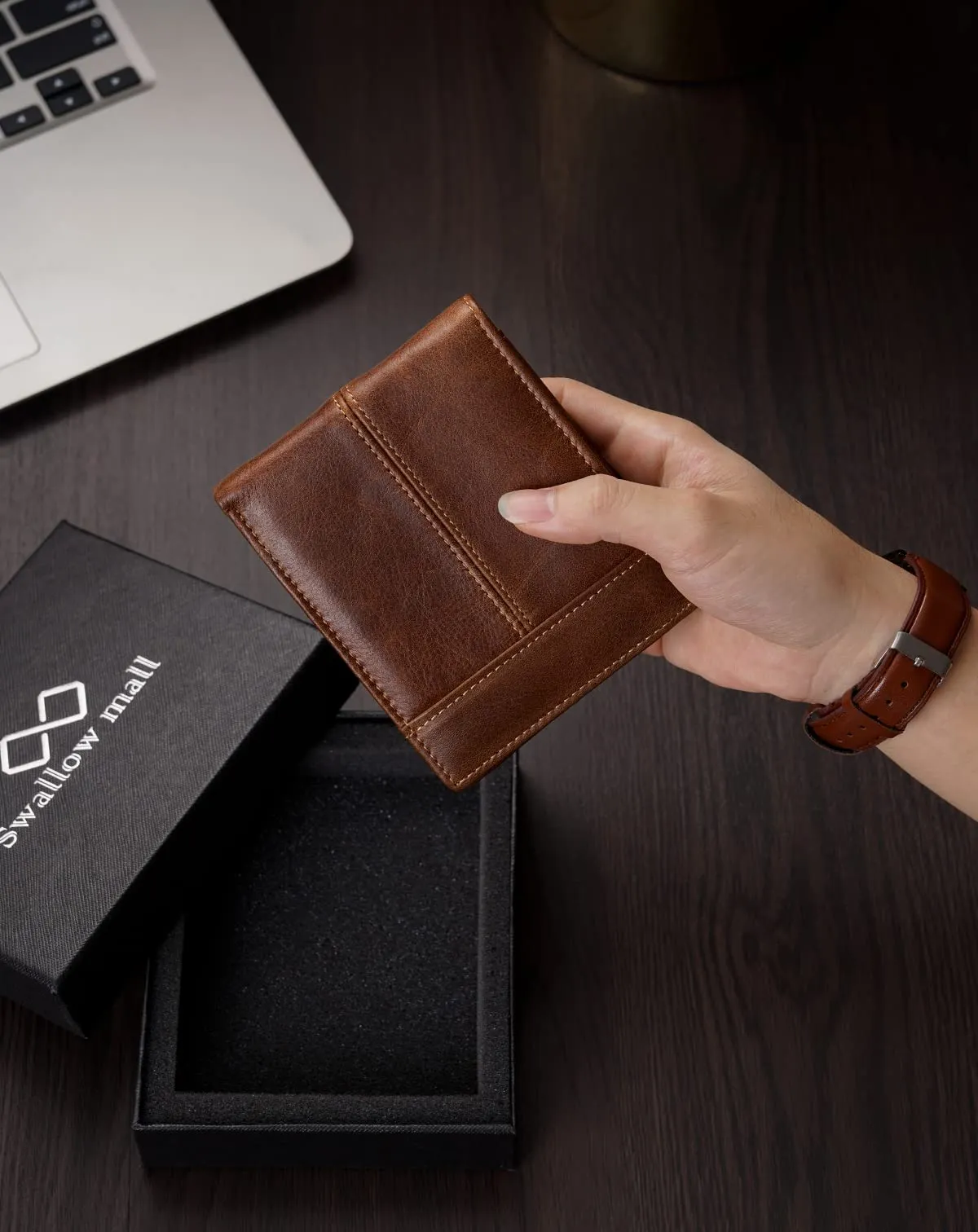 Swallowmall Mens Wallet RFID Blocking Leather Wallets for Men Bifold Wallet with 1 ID Window 15 Card Slots Zip Coin Pocket