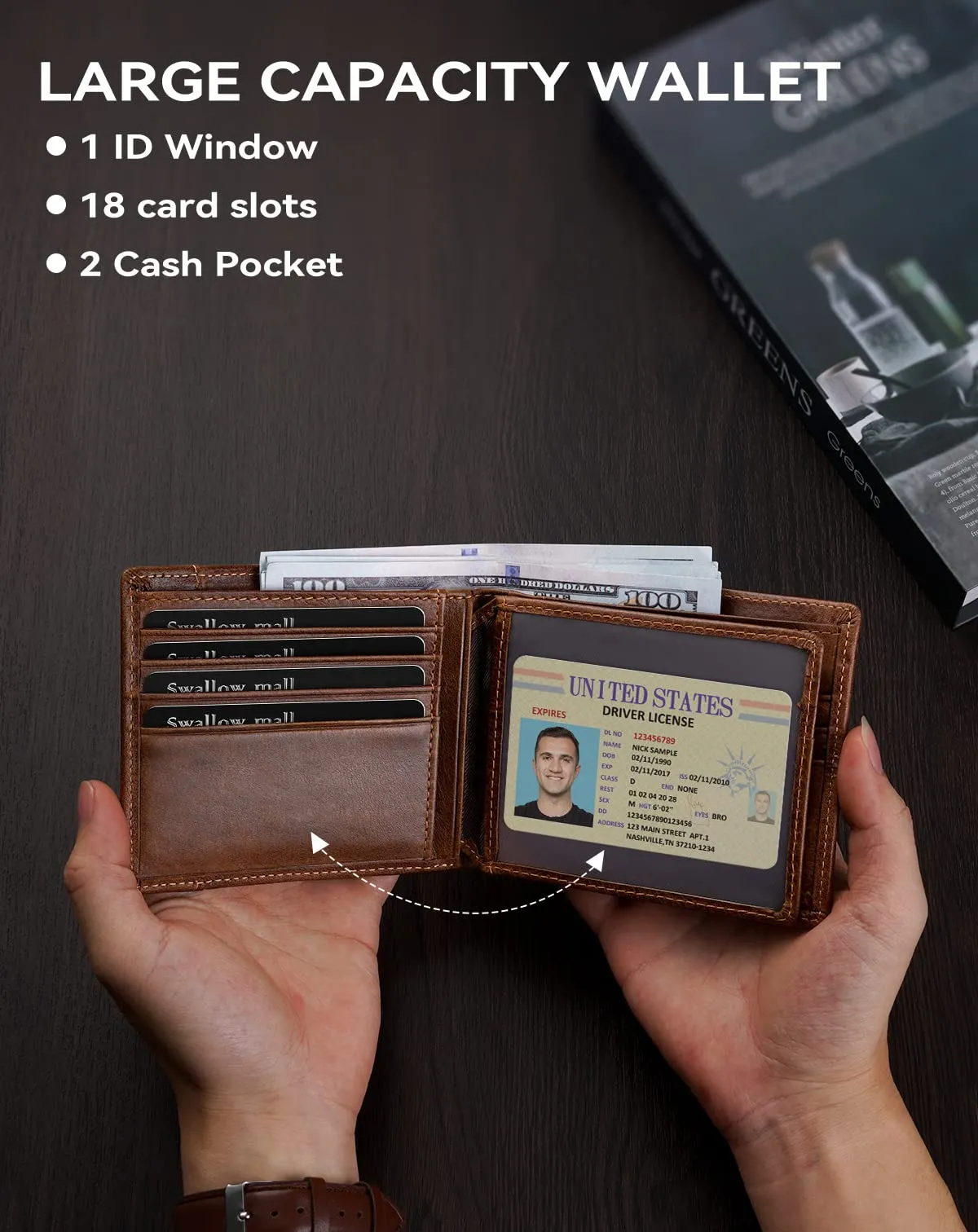 Swallowmall Mens Wallet RFID Blocking Leather Wallets for Men Bifold Wallet with 1 ID Window 15 Card Slots Zip Coin Pocket