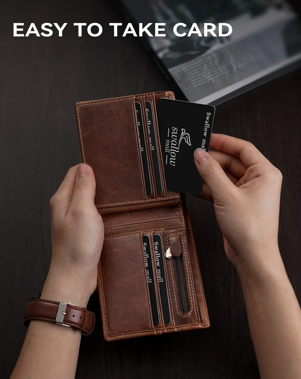 Swallowmall Mens Wallet RFID Blocking Leather Wallets for Men Bifold Wallet with 1 ID Window 15 Card Slots Zip Coin Pocket