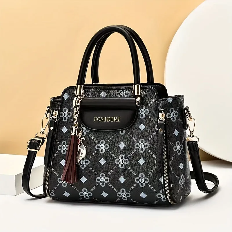 Tassel Pendant Top Handle Satchel Crossbody Bag, PU Leather Textured Bag Purse, Classic Versatile Fashion Shoulder Bag