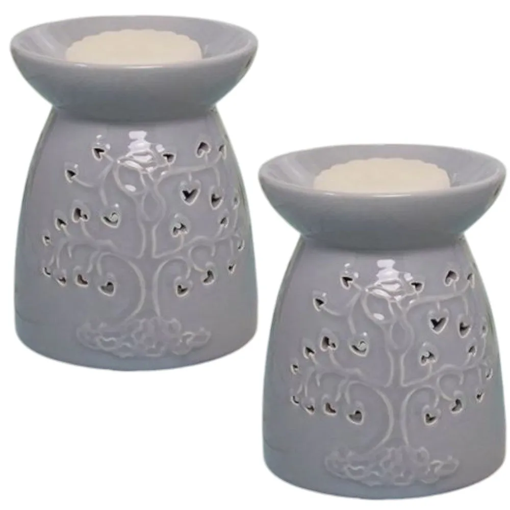 Tea Light Wax Melt Warmer Oil Burner - Tree Of Life - Grey - 2 PACK