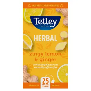 Tetley Herbal Zingy Lemon & Ginger 25 Plant Based Tea Bags 50g (Case of 6)