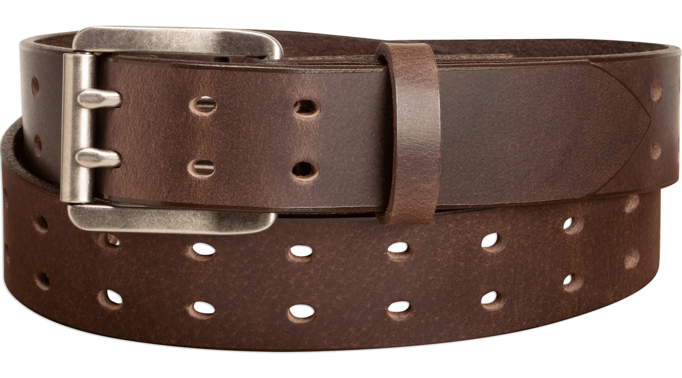 The Holey Buffalo: Brown Non Stitched Double Prong Water Buffalo Leather Belt With Nickel Roller 1.50" (Soft & Flexible)