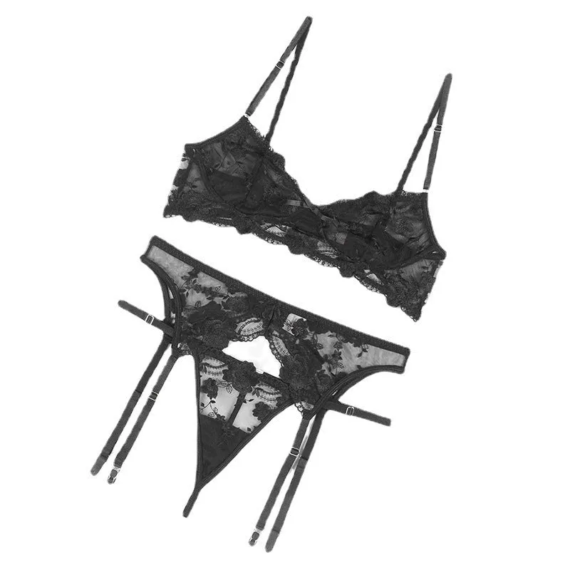 Three-Piece Lace Embroidered Bra, Panty And Garter Belt