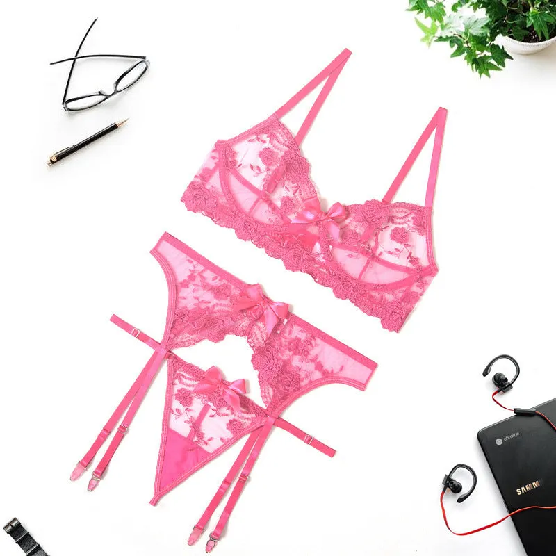 Three-Piece Lace Embroidered Bra, Panty And Garter Belt