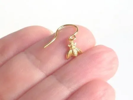Tiny Gold Bee Earrings, little bee dangles, brass bumblebees, honey bee earrings, small bee earrings, delicate gold earring, minimalist spring jewelry, 14K SOLID GOLD HOOK OPT