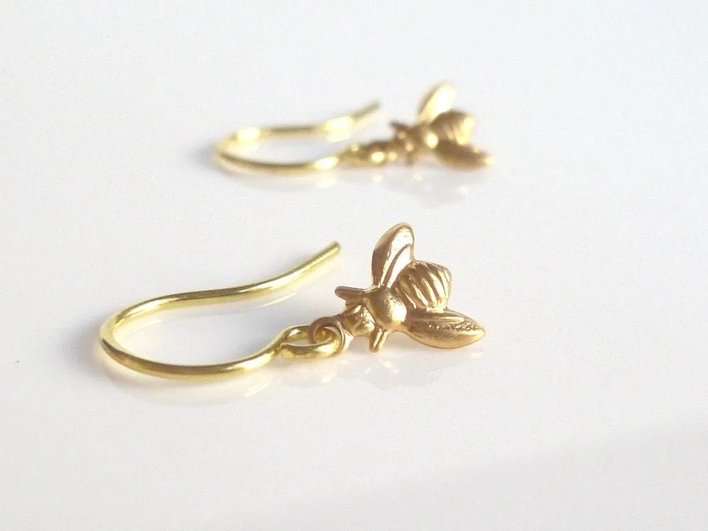 Tiny Gold Bee Earrings, little bee dangles, brass bumblebees, honey bee earrings, small bee earrings, delicate gold earring, minimalist spring jewelry, 14K SOLID GOLD HOOK OPT