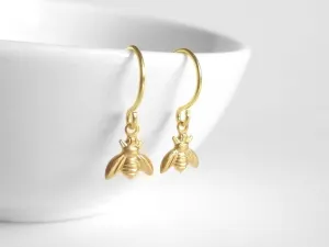 Tiny Gold Bee Earrings, little bee dangles, brass bumblebees, honey bee earrings, small bee earrings, delicate gold earring, minimalist spring jewelry, 14K SOLID GOLD HOOK OPT