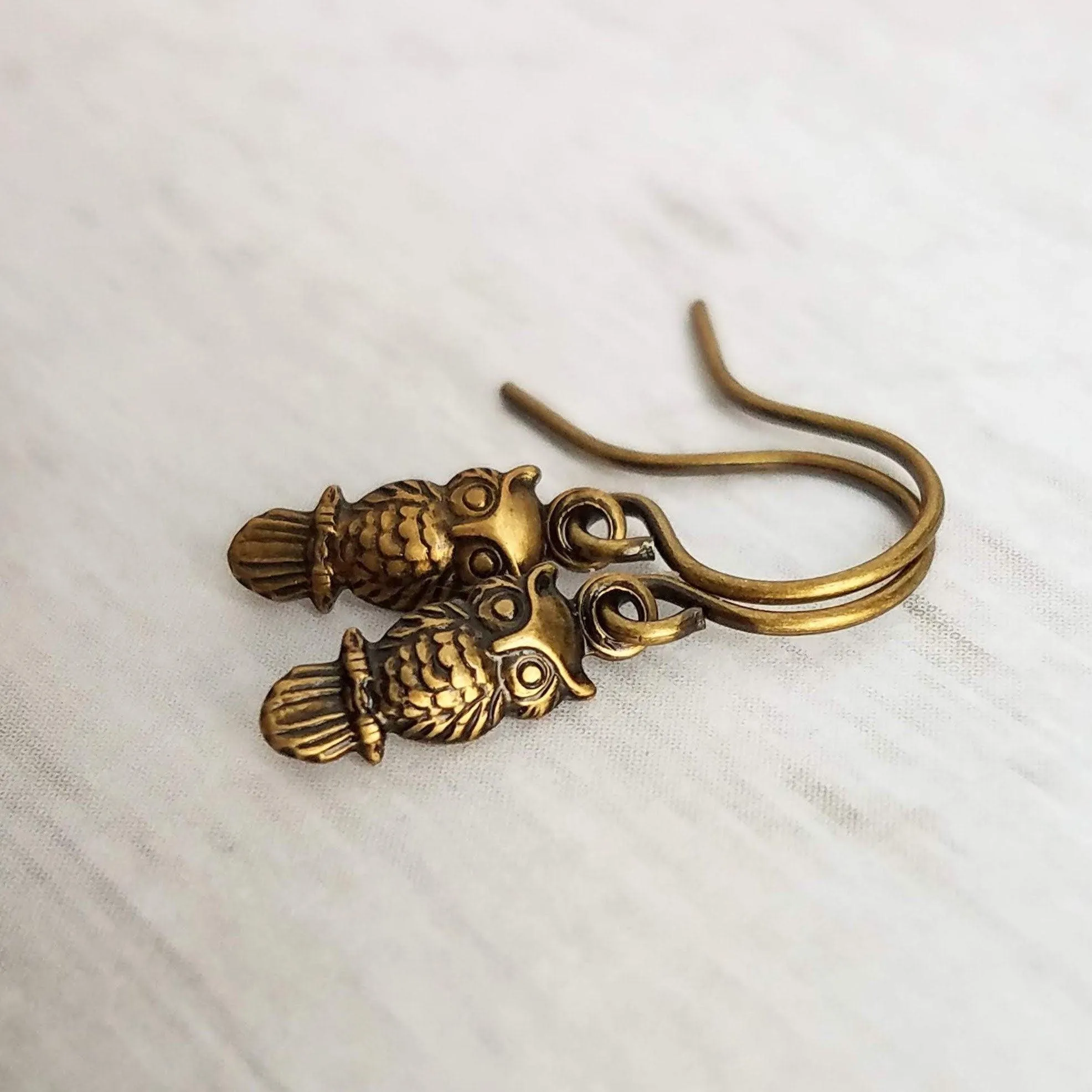 Tiny Owl Earrings - small bronze oxidized brass owlet bird charm, delicate petite little simple owl, forest woods critter gift, baby owl